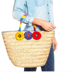 Nordstrom NWT Large straw tote basket bag, picnic, Canvas Drawstring Interior